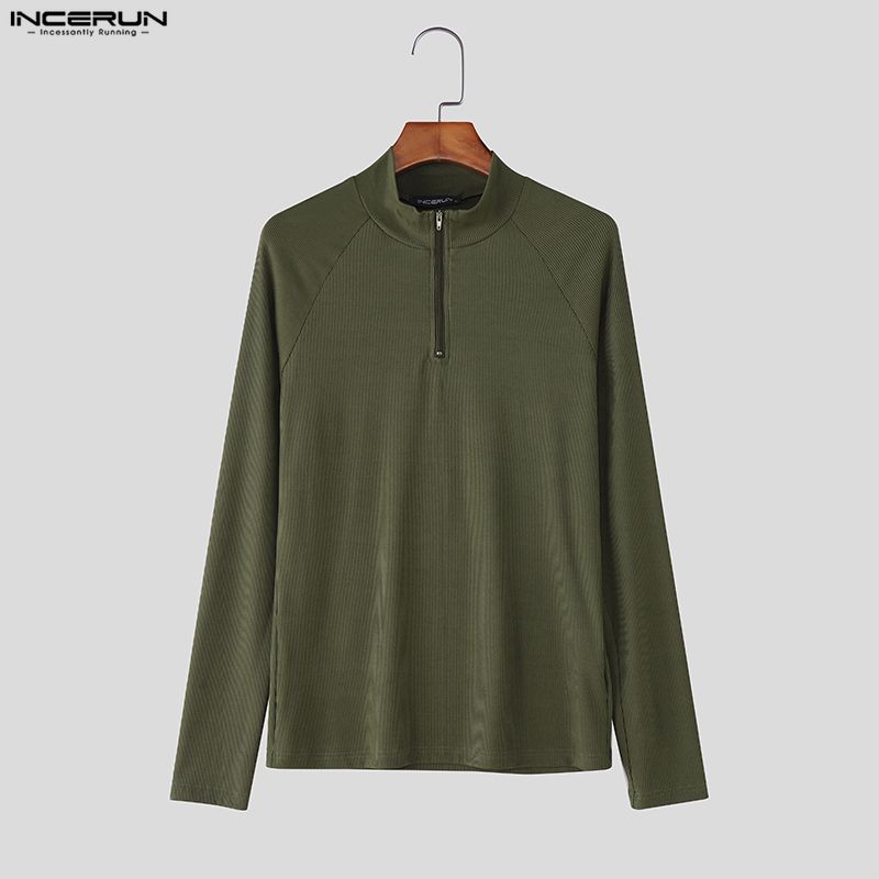 INCERUN Spring Men's Zip-up High Neck Long Sleeve Rib Fitted T-shirts Tops Undershirts