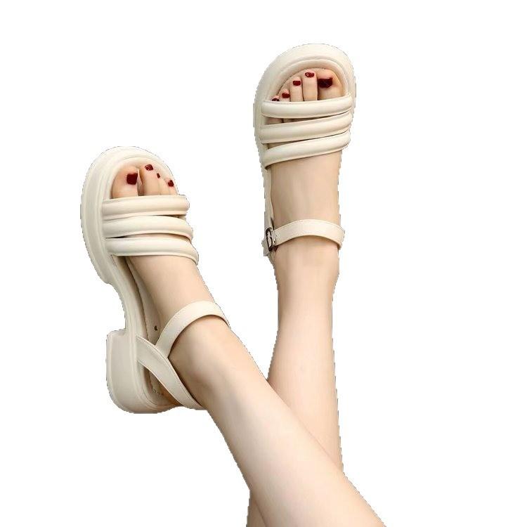 Thick High-heeled Sandals Women's 2025 Summer New Korean Version Open-toe One-word Buckle Fashion Platform Sandals Casual Beach Shoes