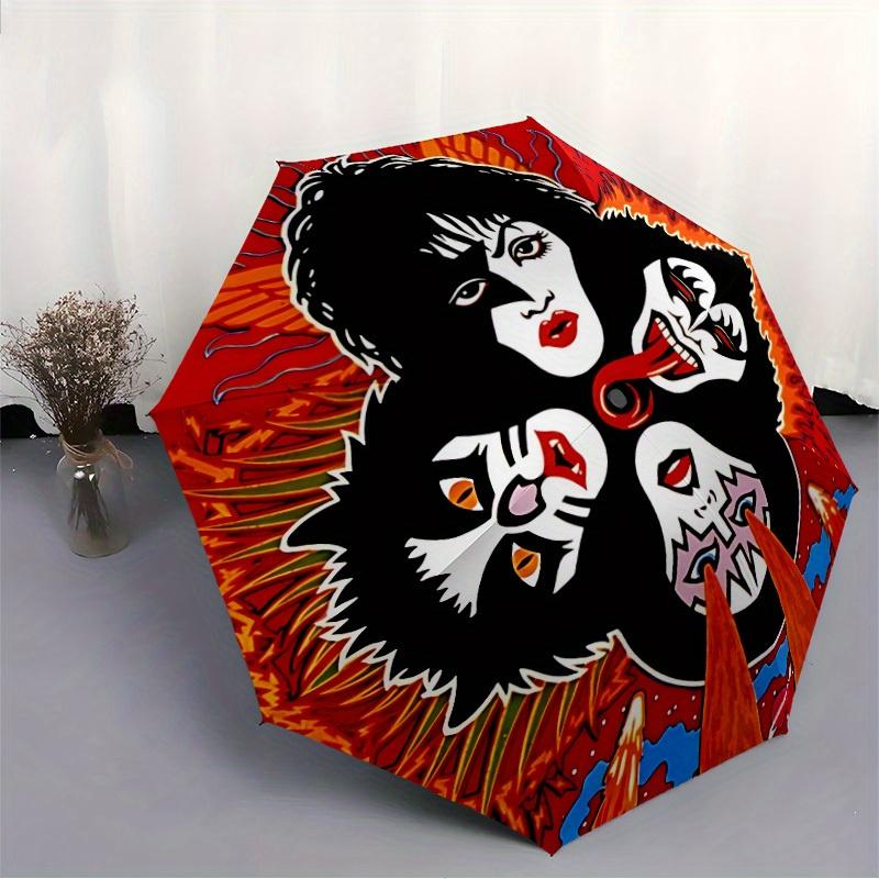 Ombrello Pieghevole Automatico con Stampa KISS Faces e Robusto Telaio in Ferro, Ombrello da Viaggio Compatto Portatile per Tutte le Stagioni Feste003
