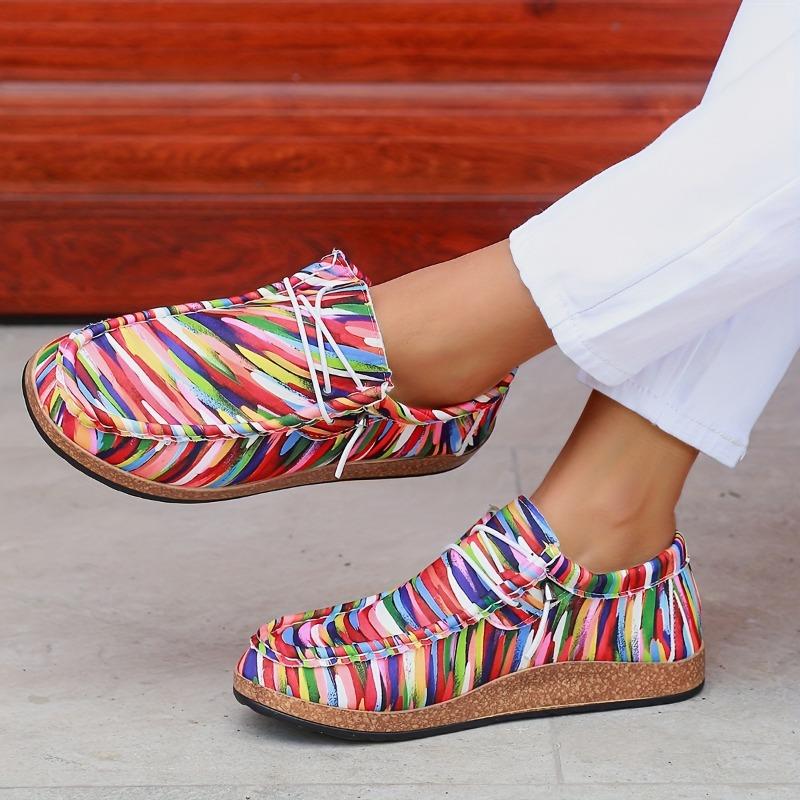 Women's Sexy Striped Casual Shoes - All-Season Flat Sneakers with Plain Toe, Hand Washable Fabric Upper Faux Cover Insole