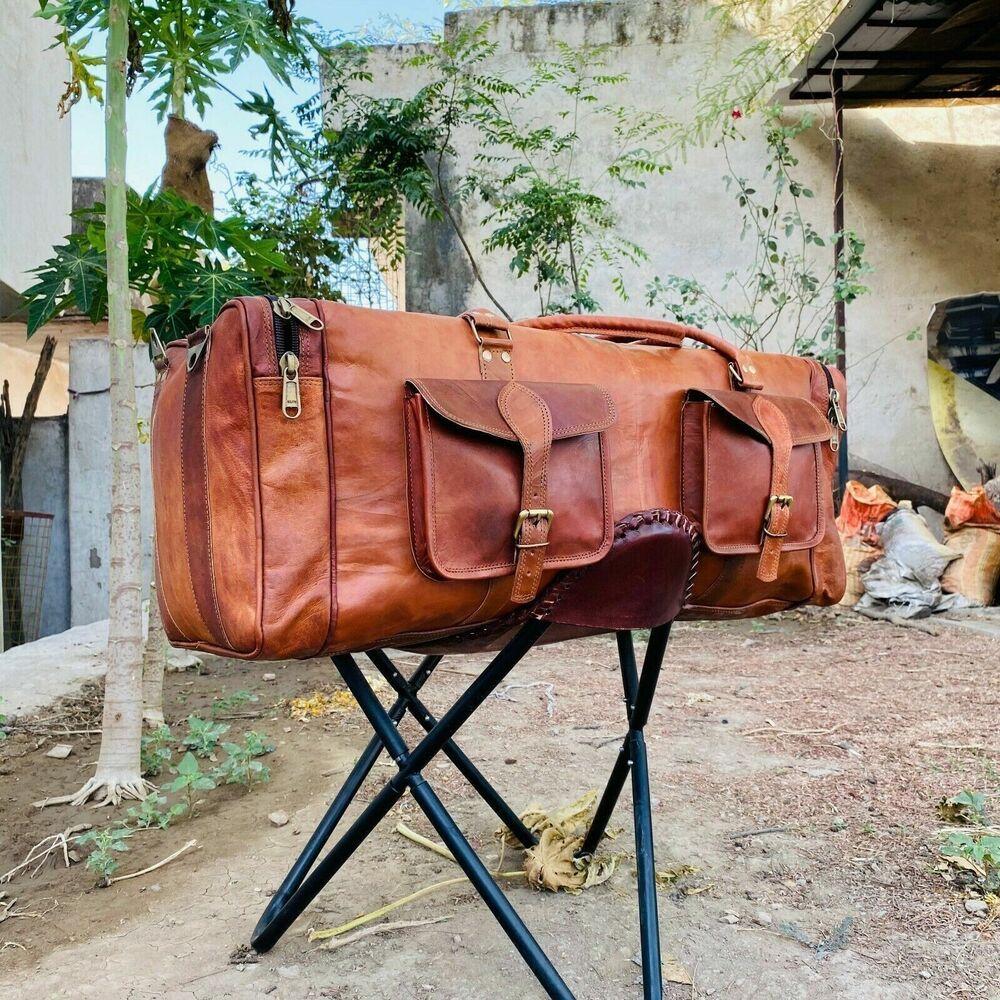 Hnědá Duffel Gym Genuine Vintage Nová kožená cestovní taška na kozí zavazadla