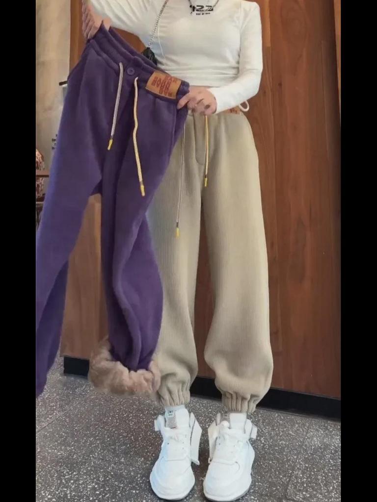 Women's Winter Cotton-Velvet Sweatpants: Loose, Warm, Casual Lambskin for Female Students