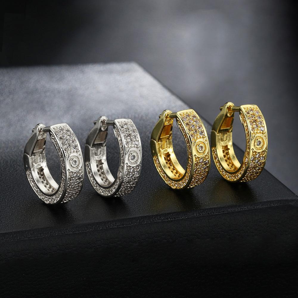 Hip Hop Full Diamond Big Ear Buckle Men'S Geometric Round Zircon Earrings Cross Rivets Hiphop Trend Earrings