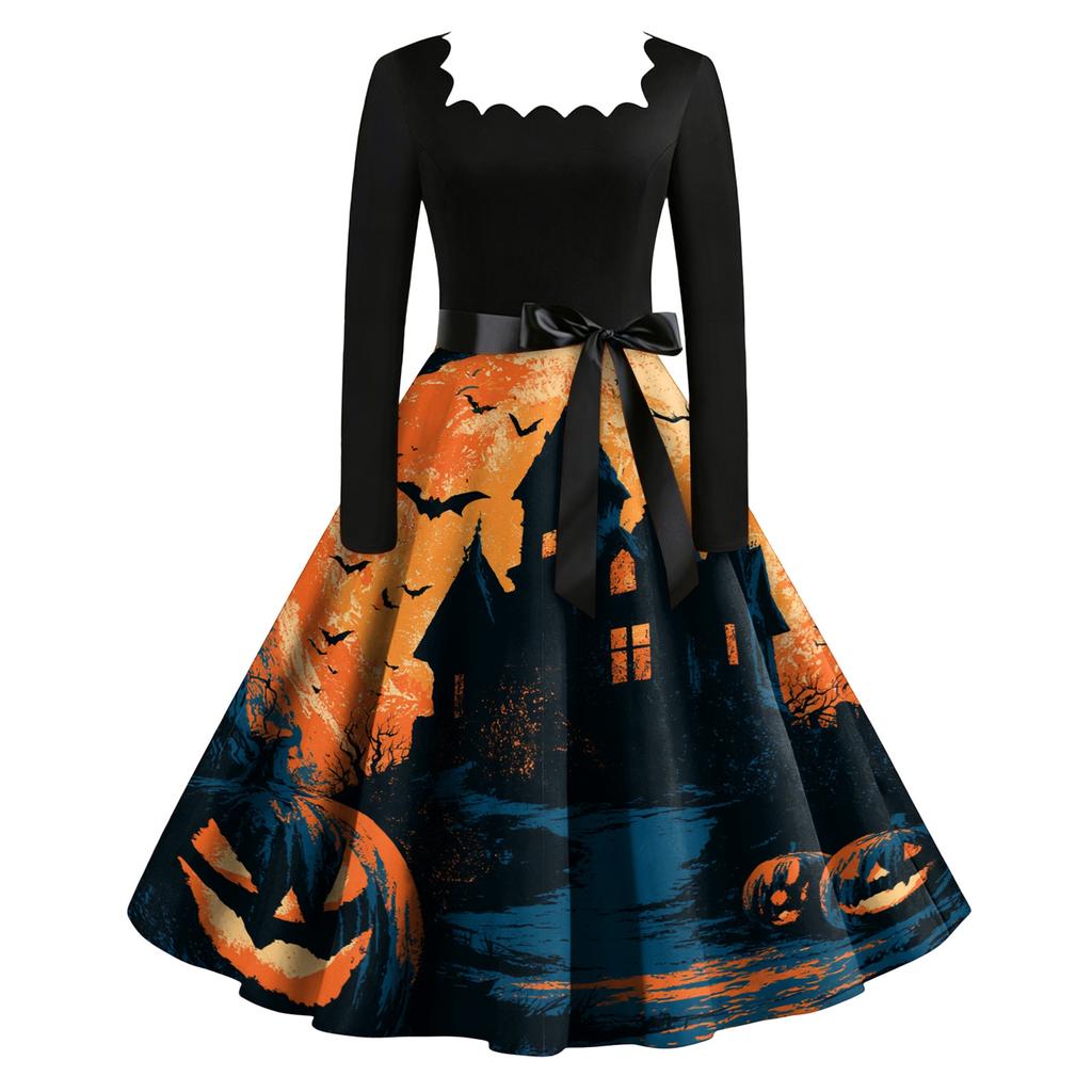Women's Vintage Long Sleeve Square Neck Halloween Printed Party Dress for Evening Wear