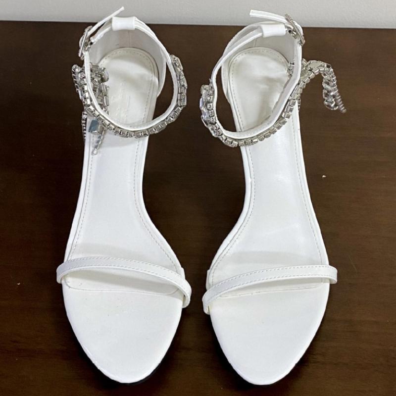 

Fashion Luxury Rhinestone Pointed Toe Buckle High Heeled Sandals Women High Quality Crystal Ankle Strap Slide Sandals Banquet Dress Shoe 35 белый