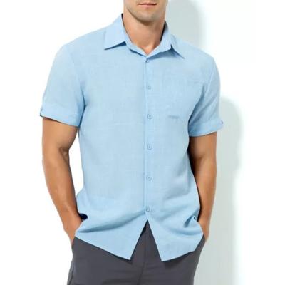 Summer Lapel Solid Pocket Short Sleeve Button Men Breathable Cotton Linen Shirt