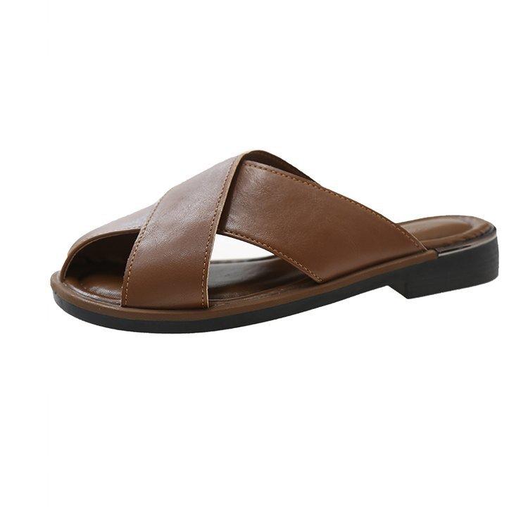 

Hollow flat bottom soft bottom bag head half slippers women s summer 2025 Korean version round head lazy slippers women wear sandals women 40 коричневый