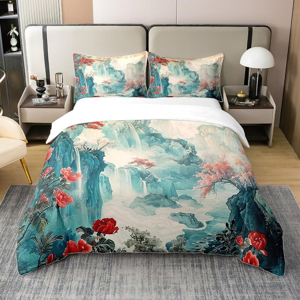 Plum Blosom Floral Soft Duvet Cover Quen King-Sized Dimensionsd Dimensions Ancient Style Red Maple Leaf Natural Scenery Beding Set Rom Decoration 3