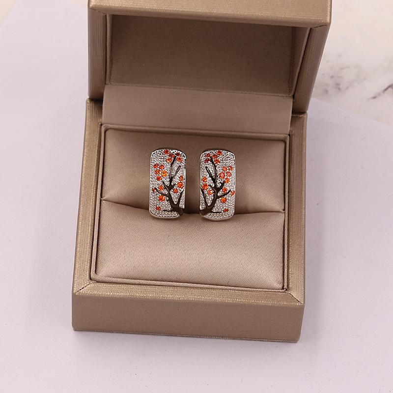 Creative Plum Branch Crystal Earrings for Women Pink Green Korean Fashion Geometric Stud Earrings Flower Accessories Jewelry