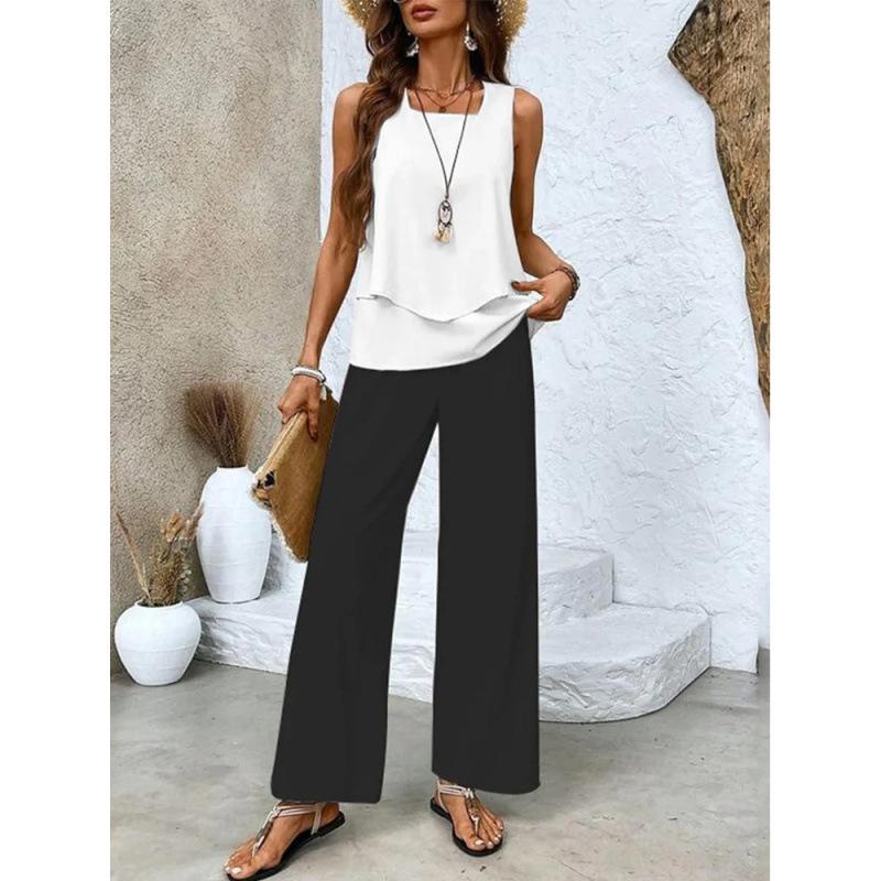 Women's Loose Fit Two Piece Outfit Sleeveless Tank Top High Waist Wide Leg Pants Set With 3D Abstract Print For Casual Summer Daily Wear