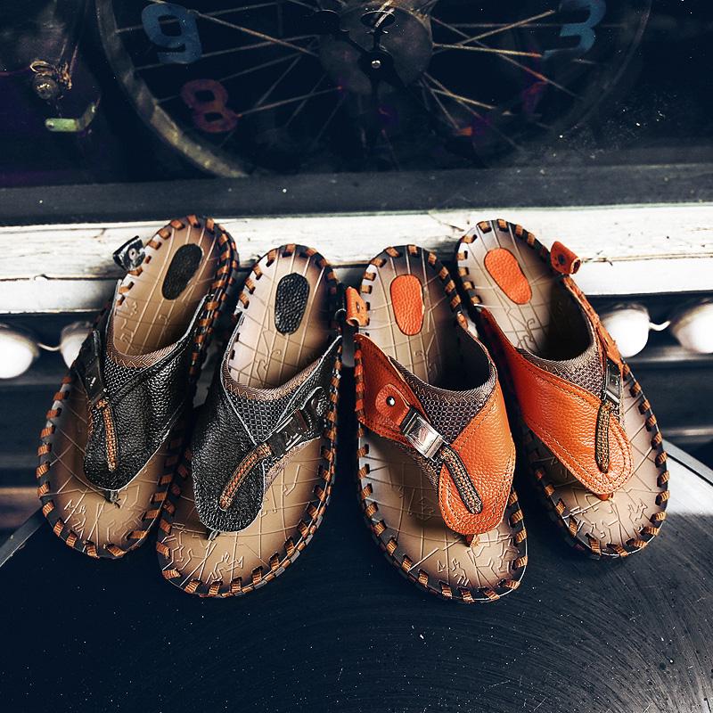 Fashion Genuine Leather Mens Slippers Summer Handmade Breathable Outdoor Beach Slipper High Quality Casual Leisure Slippers Flip-Flops