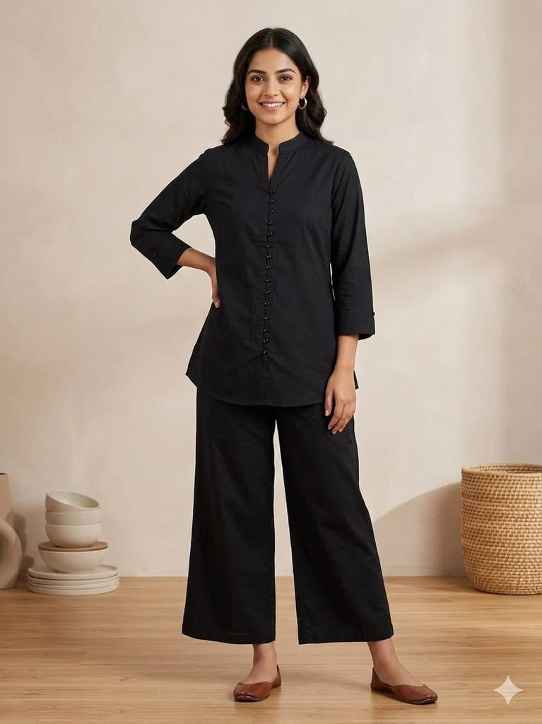 Women's Straight Kurti with Wide Leg Pants Set Indian Casual Wear Top Cord Set