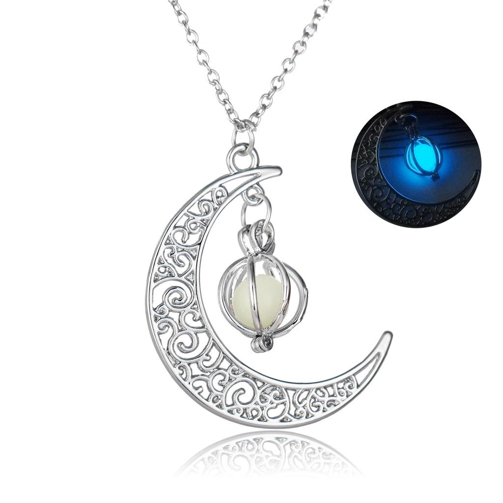 Creative Moon Pumpkin Alloy Necklace With Light Up Pendant For Halloween Blue