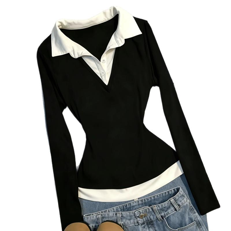 Women S Long Sleeve Polo Shirt Color Block Knit Top