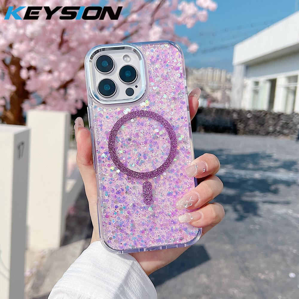 KEYSION Luxuxy Glitter Magnetic Phone Case for MagSafe for iPhone 12 13 14 Pro Max 14 Plus Soft TPU+PC Shockproof Back Cover