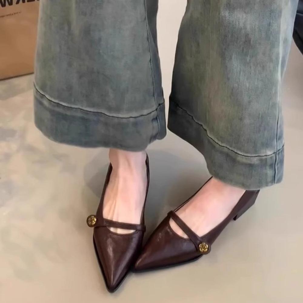 Fashion Retro Mary Jane Shoes Women's Spring Autumn Brown Light Mouth High Heels One Button Thick Heels Pointed Toe Temperament Pumps