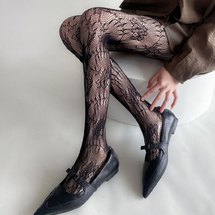 Women JK Hollowed Flower Jacquard Pantyhose Sexy Fishnet Lace Tights Leggings