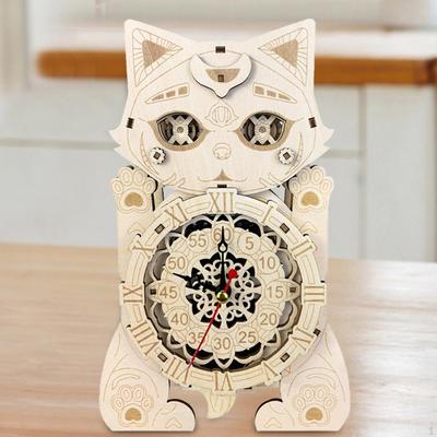 3D Wooden Puzzle Cat Clock Housewarming Gift DIY Assembly Handmade Sturdy Desktop Decoration Desk