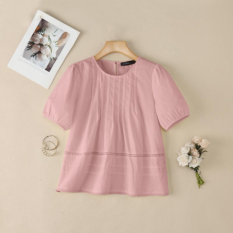 ZANZEA Damen Freizeit Rundhals Sommer Kurzarm Baumwollbluse