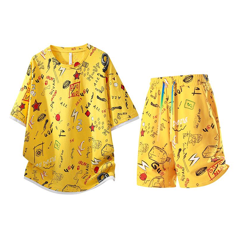 

Printed Short-sleeved Shorts Suit Men s Loose Casual Sports Two-piece Set L жовтий