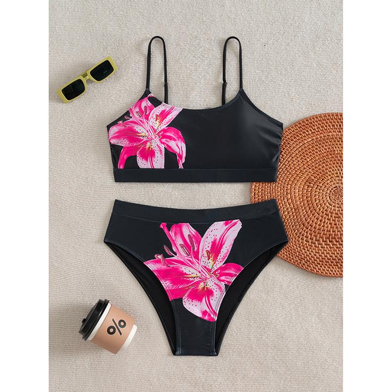 

Сексуальные черные купальники бикини с цветочным принтом, женские, халтер, с U-образным вырезом, пуш-ап, с высокой талией, пляжный купальник, купальный костюм из двух частей XL чёрный