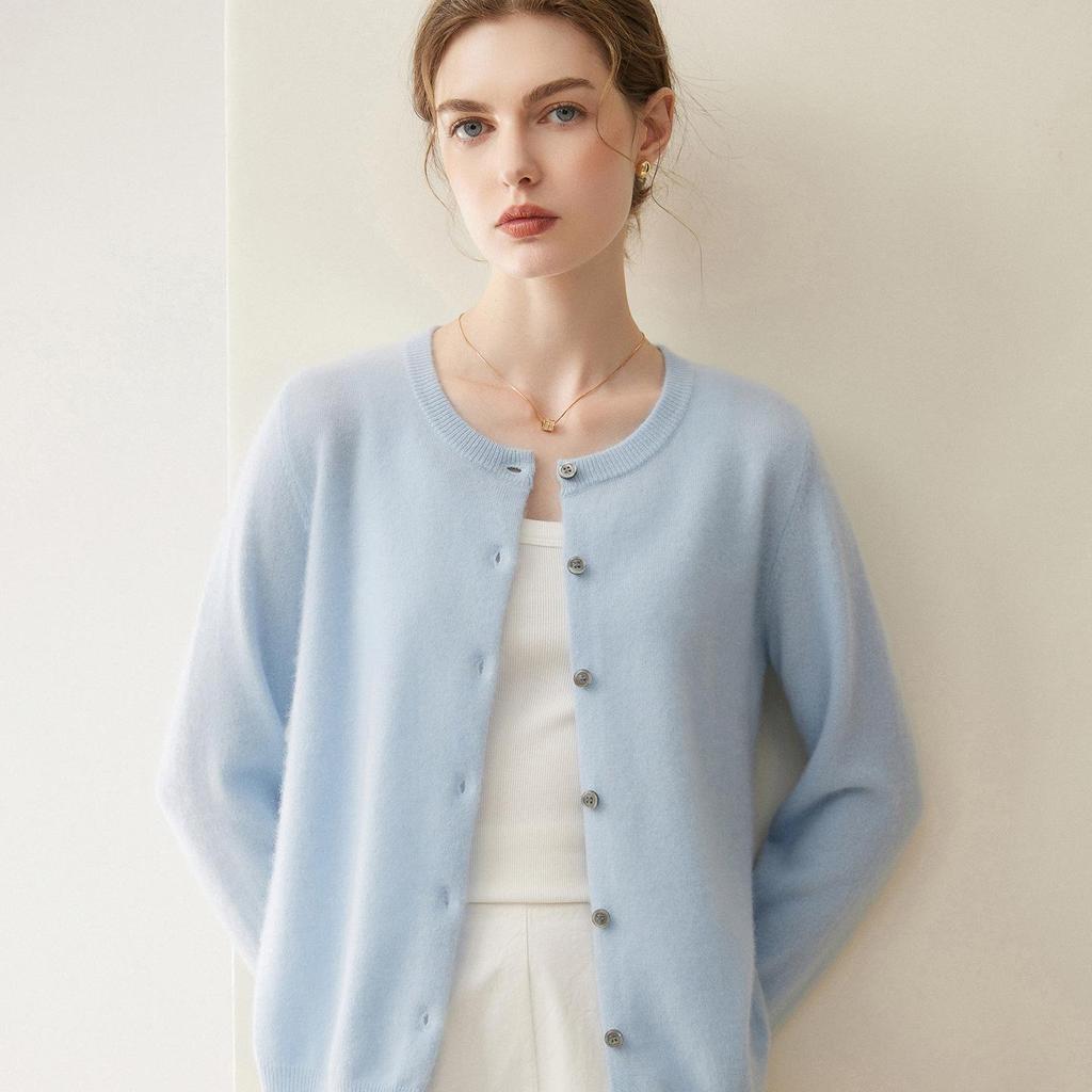 100% Pure Cashmere Women's Round Neck Buttoned Knit Sweater Coat - Autumn/Winter Short Outerwear