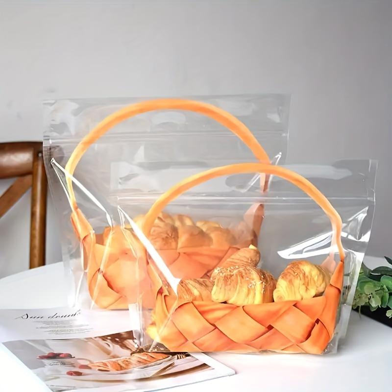 50pcs Large Transparent Bread Toast Bags with Basket Pattern, Portable Self-Adhesive Bread Bakery Packaging Bags, Toast Bread Wrapping Bags