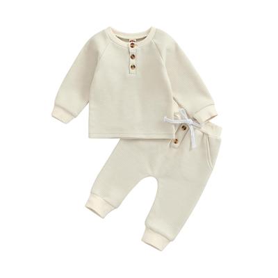 Toddler Thicken Waffle Clothes Set 6M 12M 18M 24M 3Y Boy Girls Buttons Round Neck Long Sleeve Tops with Drawstring Elastic Waist Long Pants