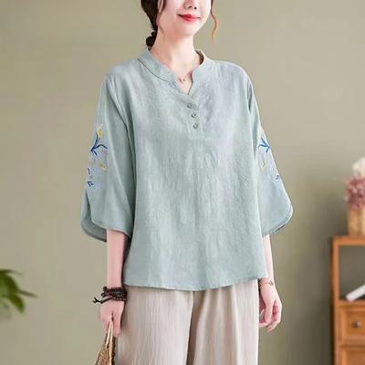 Plus Size Women's Clothing Shirts  Cotton and Linen Top with Printed Sleeve Pattern Summer Thin  Pullover Shirts