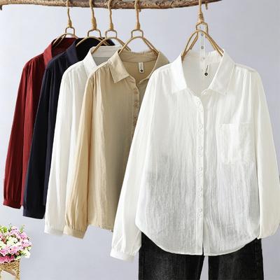 Double-layer Cotton Yarn Pure Cotton Long-sleeved Shirt, New Simple Casual Temperament Lazy Loose and Thin Long-sleeved Women's Shirt