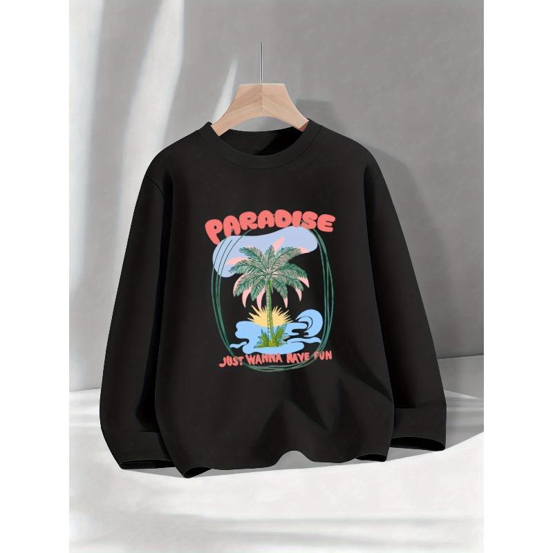Kids Sweatshirt with Tropical Palm Tree & Beach Print - Soft Round Neck Casual Shirt for Kids, Spring/Autumn Outfits (Hand Washable)