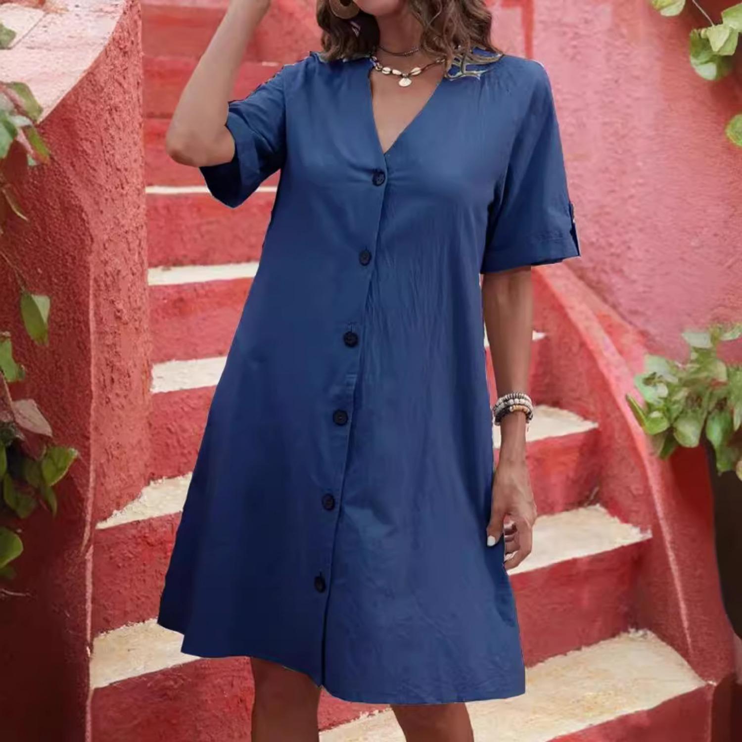 

2025 Новое женское платье из хлопка с коротким рукавом, длина миди, однобортное, с V-образным вырезом, свободная однотонная юбка А-силуэта XXL
