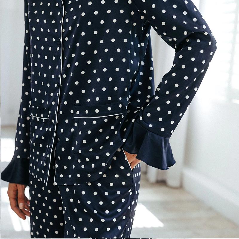 

French Black Polka Dot Ice Silk Long Sleeve Pajama Set for Women S (42.5-55 kg)