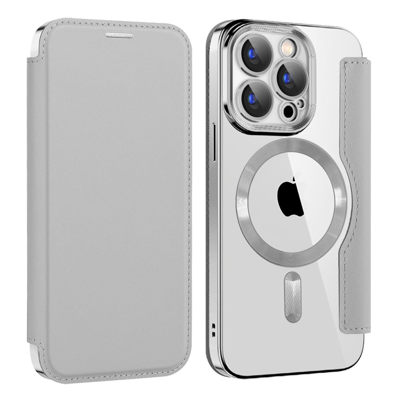 

For iPhone 15 Pro RFID Blocking Card Holder Phone Cover Electroplating Leather Case Compatible with MagSafe Silver