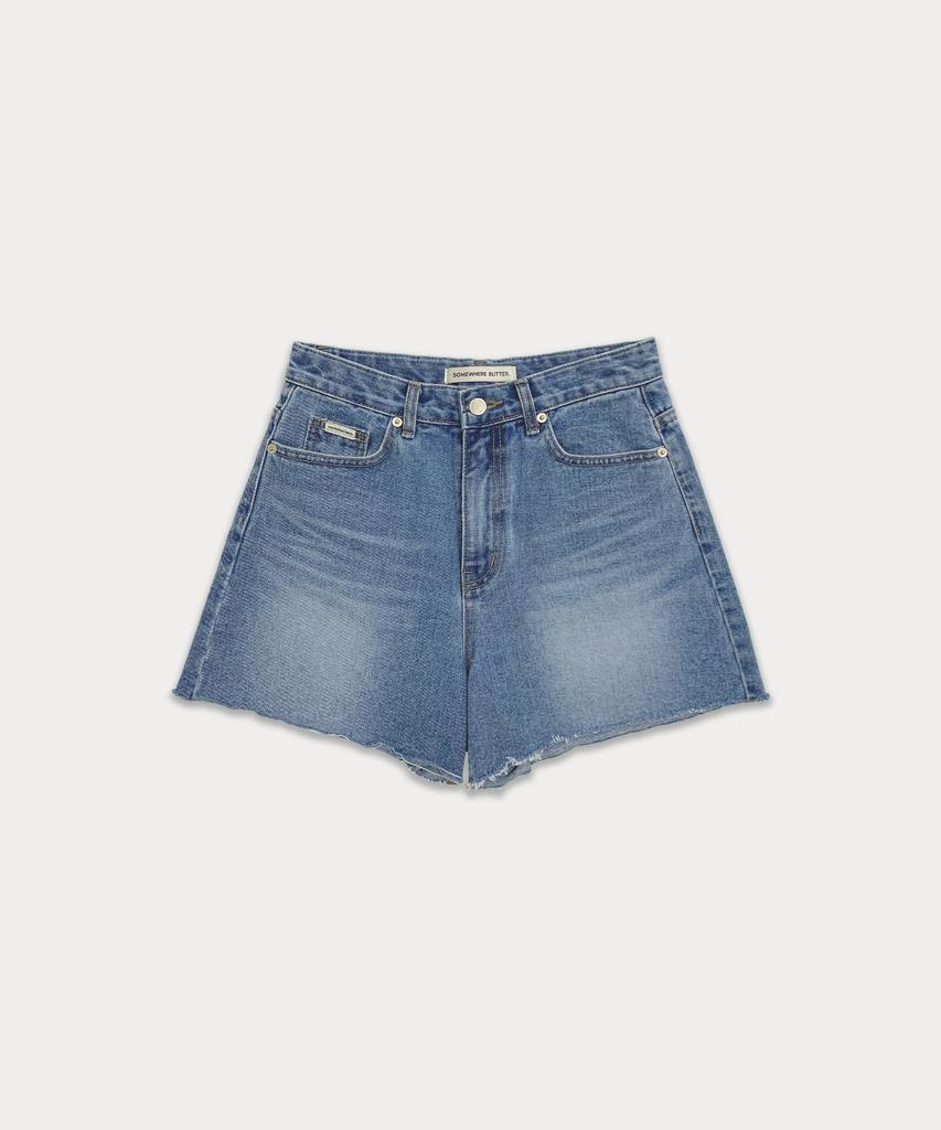 Sseomweeobeoteo Cutting Half Denim Pants - Middle Blue
