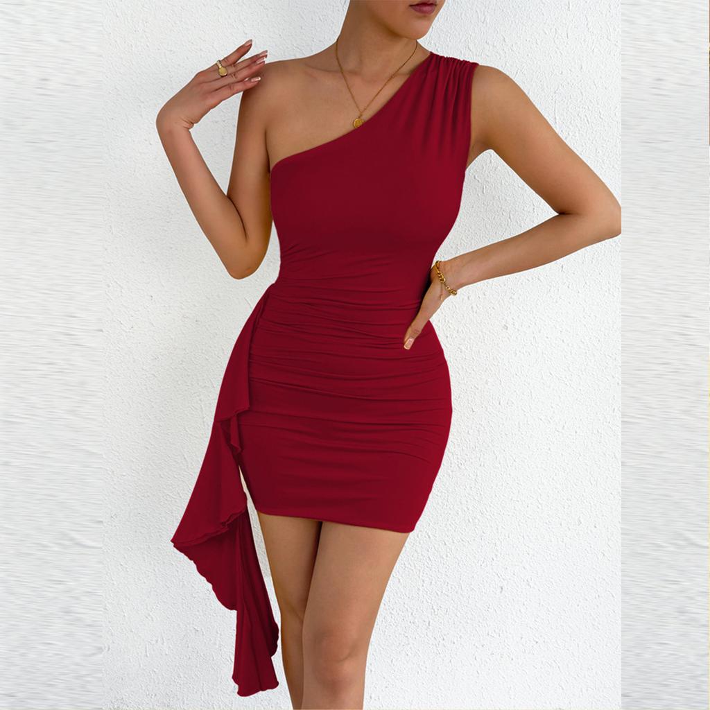Women’s Fashion One Shoulder Sleeveless Bodycon Dress with Ruched and Asymmetrical Hem for Evening Party Clubwear