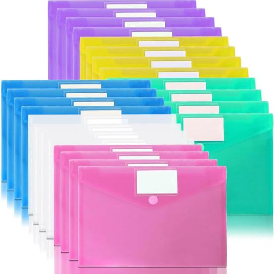 11 Pack Plastic Poly Filing Envelopes, Clear Document Folders US Letter A4 Size File Envelopes with Label Pocket & Paste Button for School Home Work