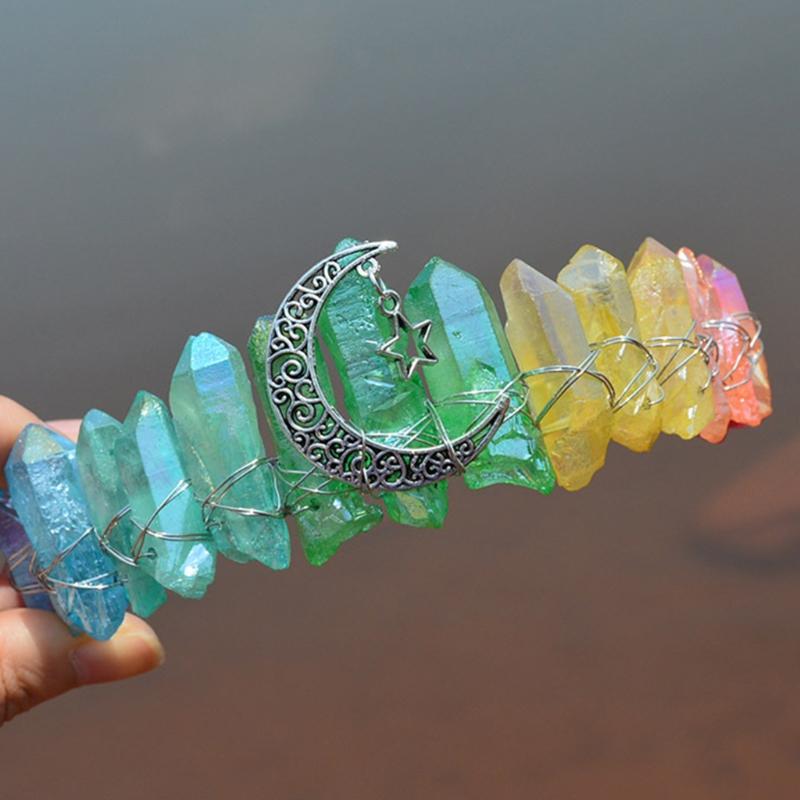 Queen Crown Headbands Natural Crystal Hairbands Women's Handmade Hair Accessories for Wedding Moon Witch Party Costumes