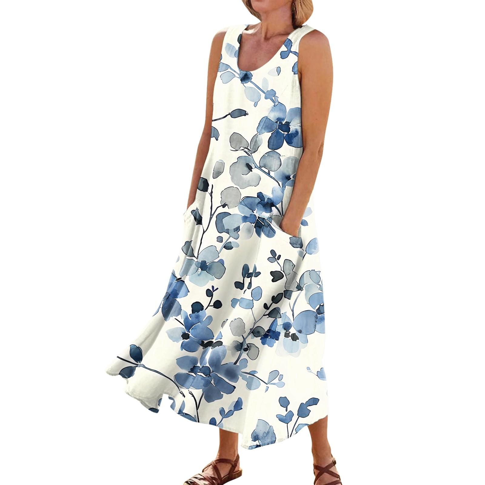Sleeveless Dress For Women Women s Summer Casual Fashion Printed Sleeveless Round Neck Pocket Dress L синий