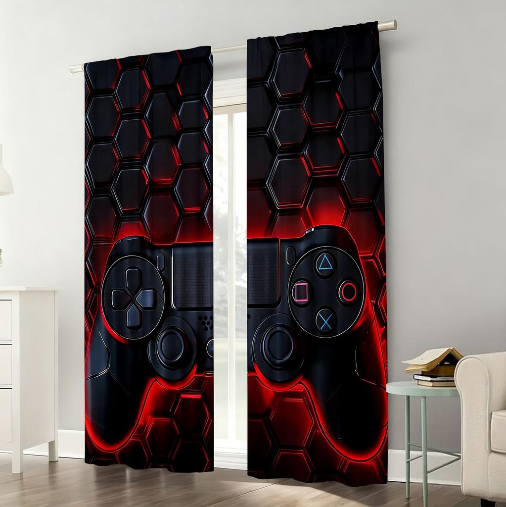 2PC Red & Black Gaming Controller Curtains - Futuristic Honeycomb Print Window Drapes for Boys Bedroom Game Room Decor