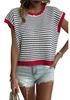 Women's Striped Knit Summer Top - Loose, Short-Sleeved, Round Neck, Casual Hollow Design Sweater