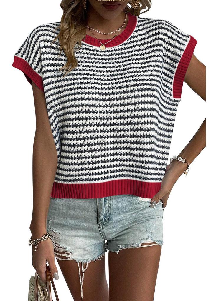 Women's Striped Knit Summer Top - Loose, Short-Sleeved, Round Neck, Casual Hollow Design Sweater