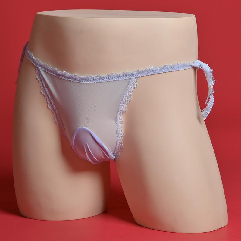 Large Men'S Mesh Sissy Pouch Panties Sexy Femboy Transparent Lingerie Low Rise Lace Up Wasit Bikini Briefs Crossdress Underwear