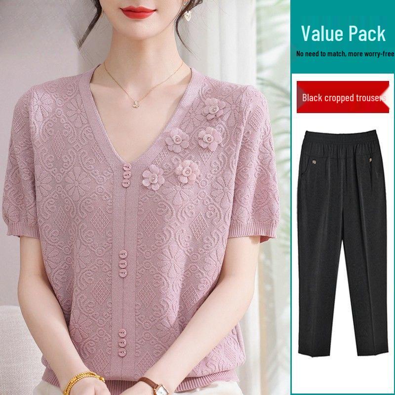 2026 Summer Ice Silk Blouse & T-Shirt Set for Moms and Seniors