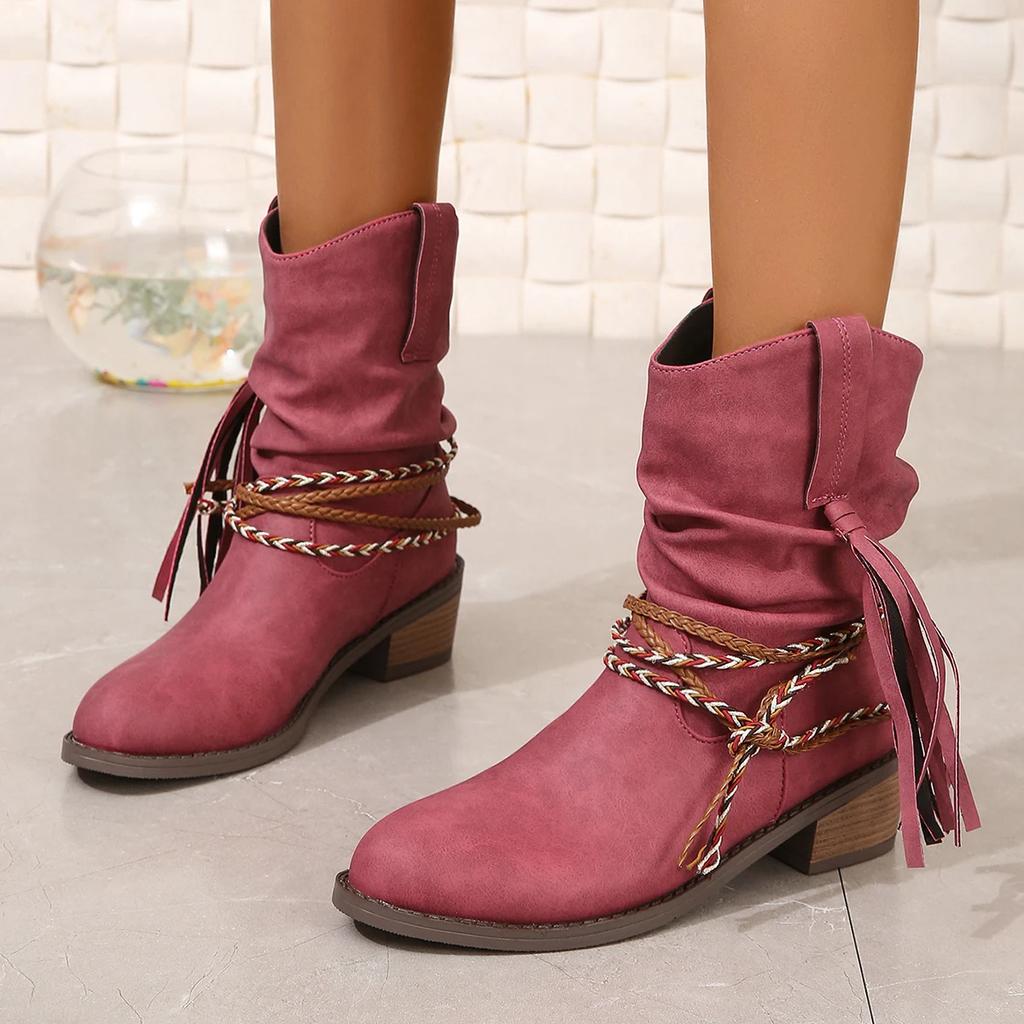 Retro Women Chunky Mid Calf Boots 2026 Trend Women Shoes New Winter Leather Pleather Fringe Fashion Goth Gladiator Boots Mujer
