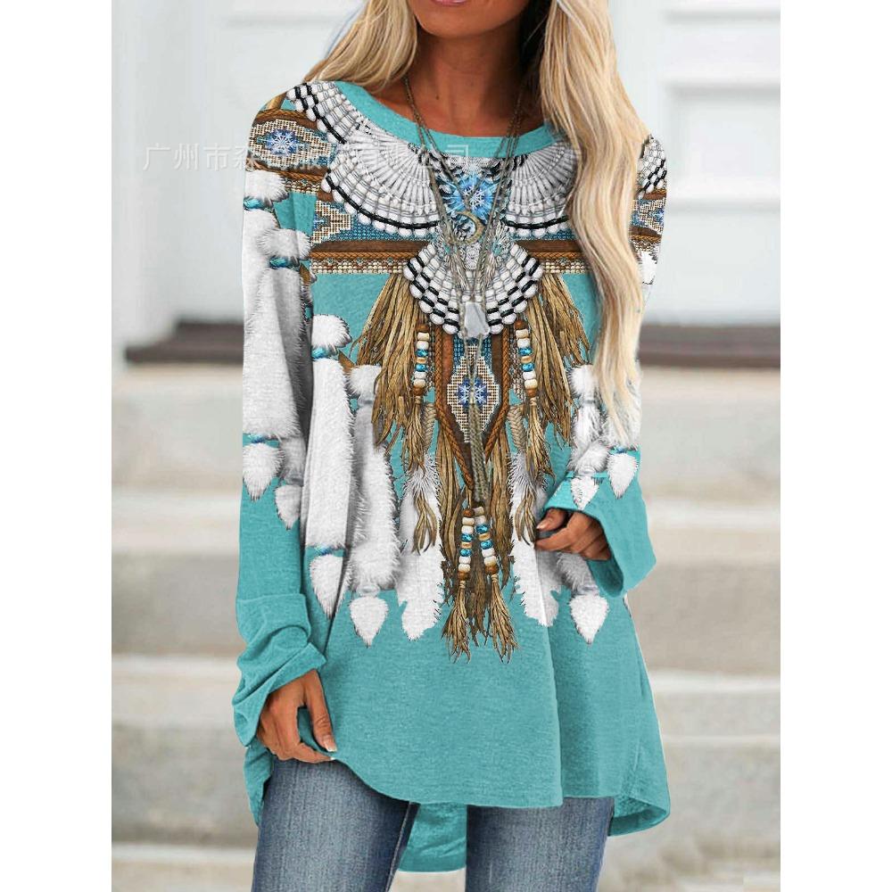 T-shirt z nadrukiem 3D Koszulki Damska Moda T-shirt Długi Rękaw Etniczne Top Topy Nadruk Natywny T-shirt Długie Top Damskie