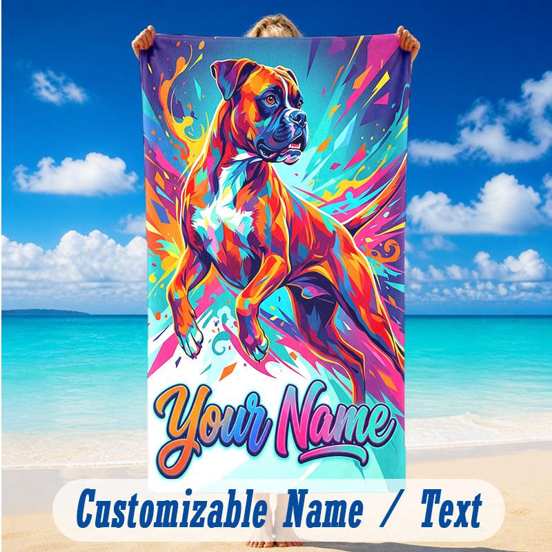 Dog Theme Beach Towel Personalized Custom Name & Text Soft Quick Dry Beach Towel for Swimming Travel