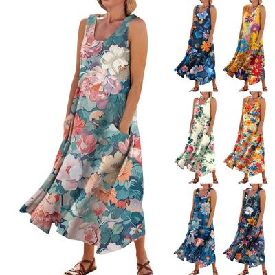 Sleeveless Dress For Women Women's Summer Casual Fashion Printed Sleeveless Round Neck Pocket Dress