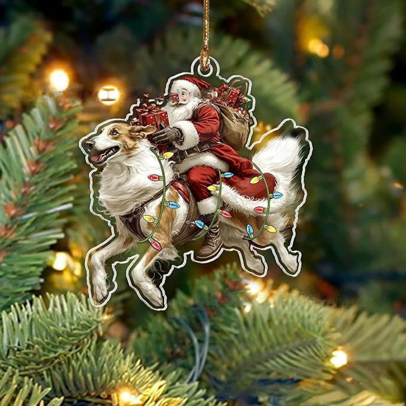 2026 Santa Claus And His Funny Dog Ornament 2D Flat Acrylic Pendant Christmas Decoration For Home Xmas Tree  Year Kerst