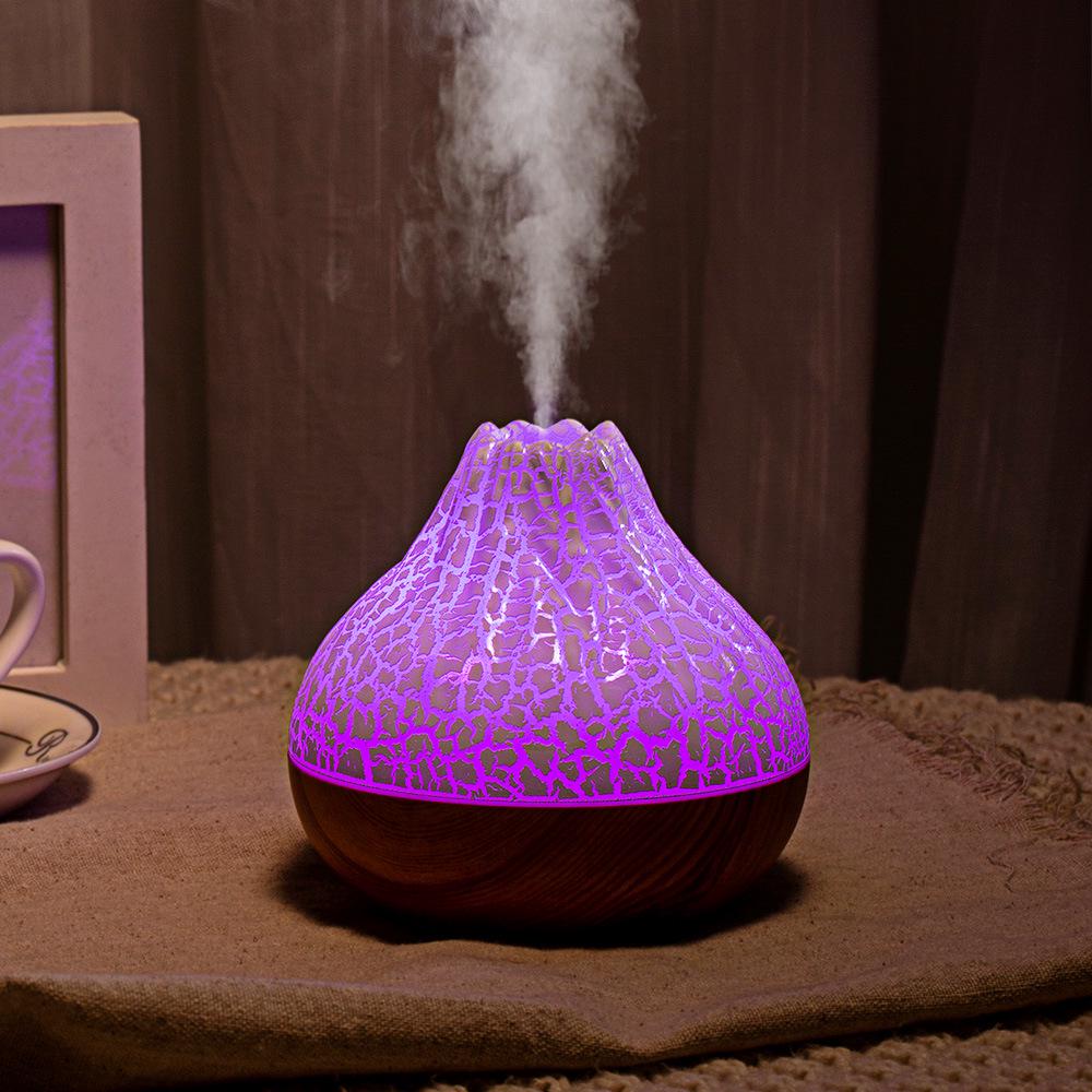 USB Wood Grain Mini Volcano Humidifier with LED Flame Effect - Large Mist & Night Light